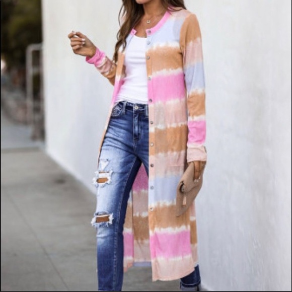 Colorblock Long Pink/Brown Cardigan - Picture 4 of 6